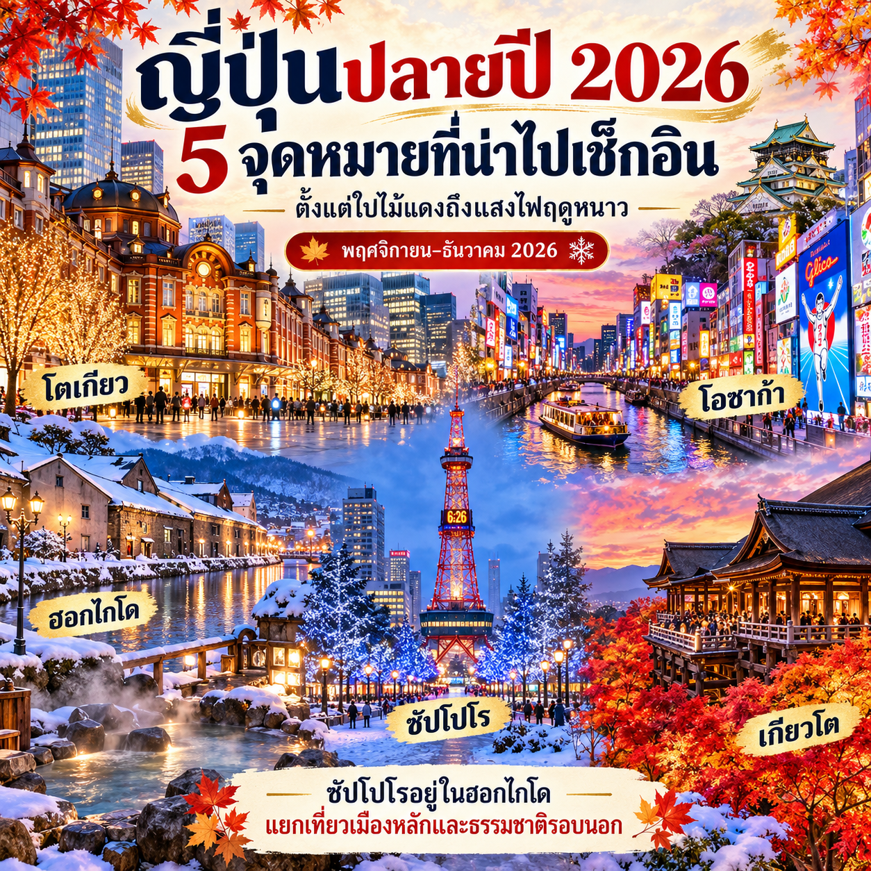 ญี่ปุ่นปลายปี 2026: 5 จุดหมายที่น่าไปเช็กอิน ตั้งแต่ใบไม้แดงถึงแสงไฟฤดูหนาว 🇯🇵